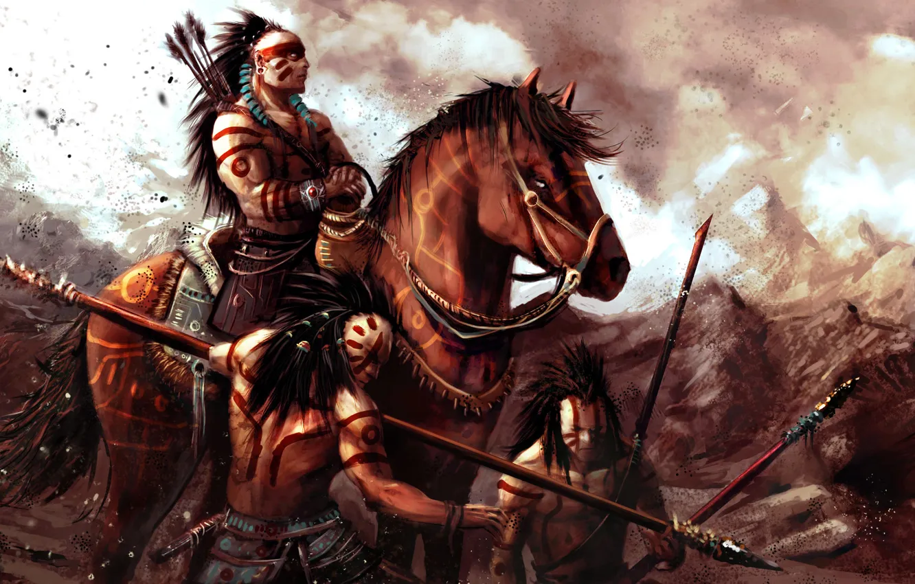 Photo wallpaper art, rider, warriors, the Indians, spears