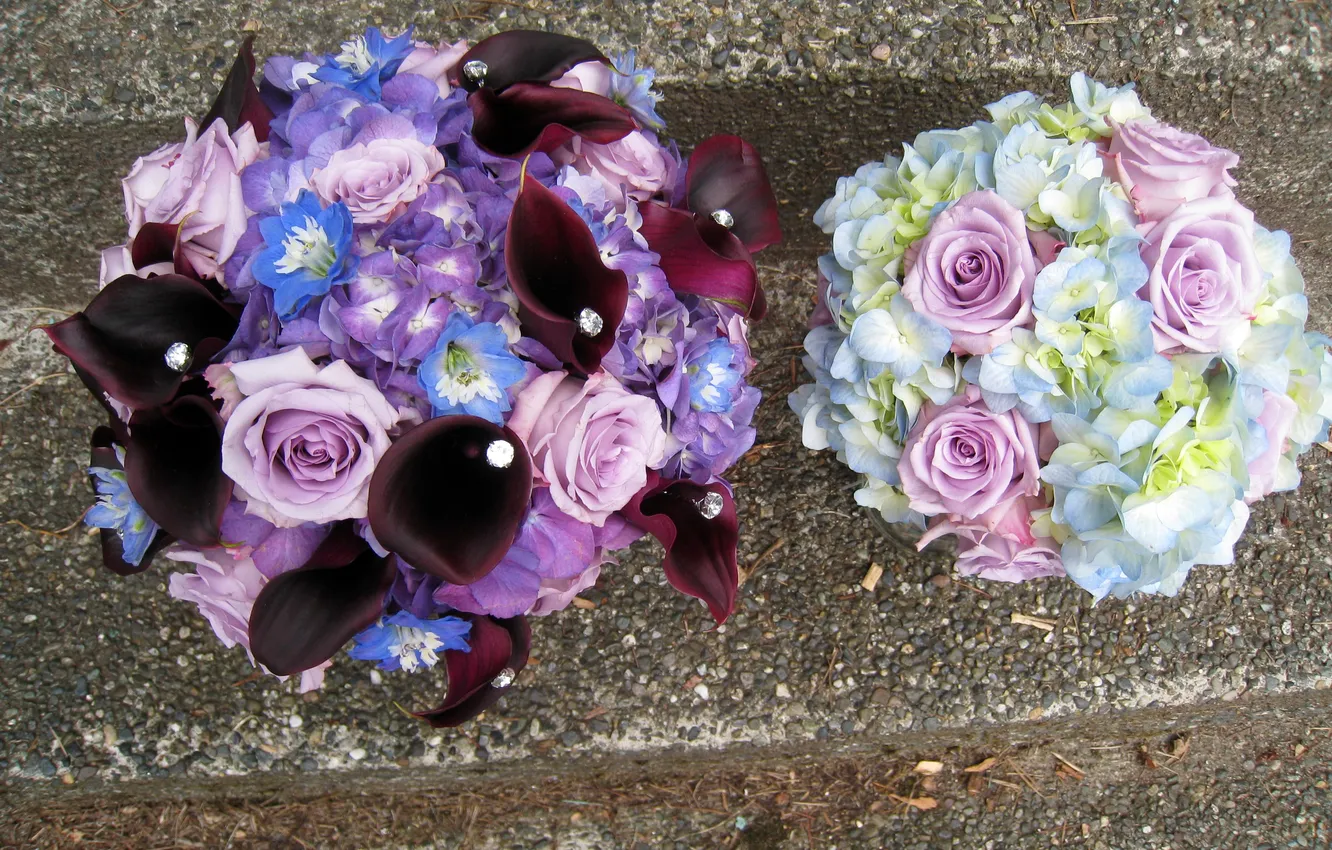 Photo wallpaper flowers, photo, roses, hydrangea, bouquets, Calla lilies