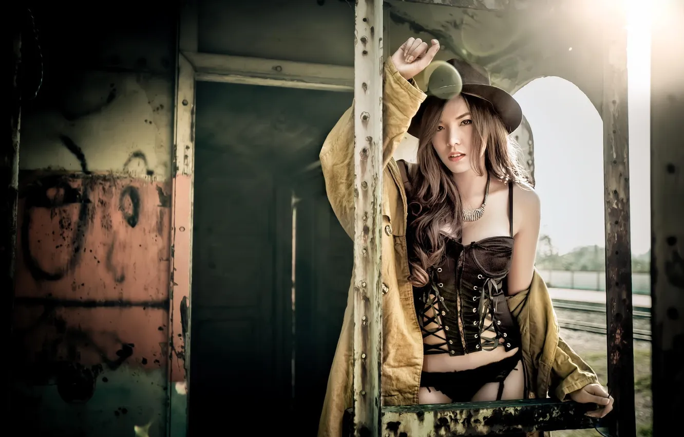 Photo wallpaper girl, stockings, hat, Asian