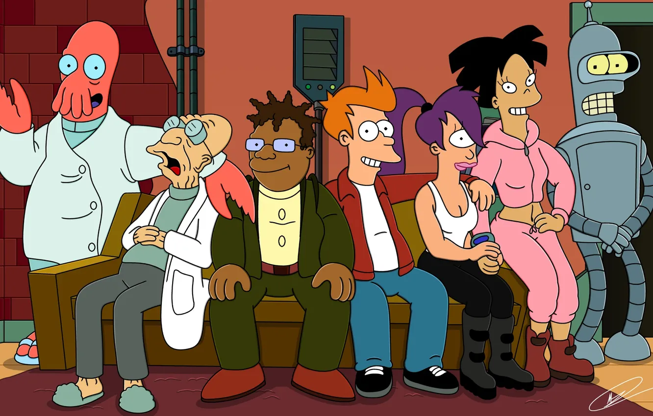Photo wallpaper Futurama, Turanga Leela, Philip J. Fry, Profesor Hubert J. Farnsworth, Hermes Conrad, Amy Wong, Bender …