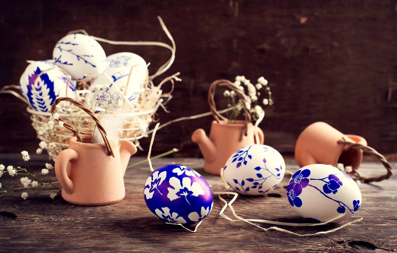 Photo wallpaper flowers, eggs, dishes, basket, painting