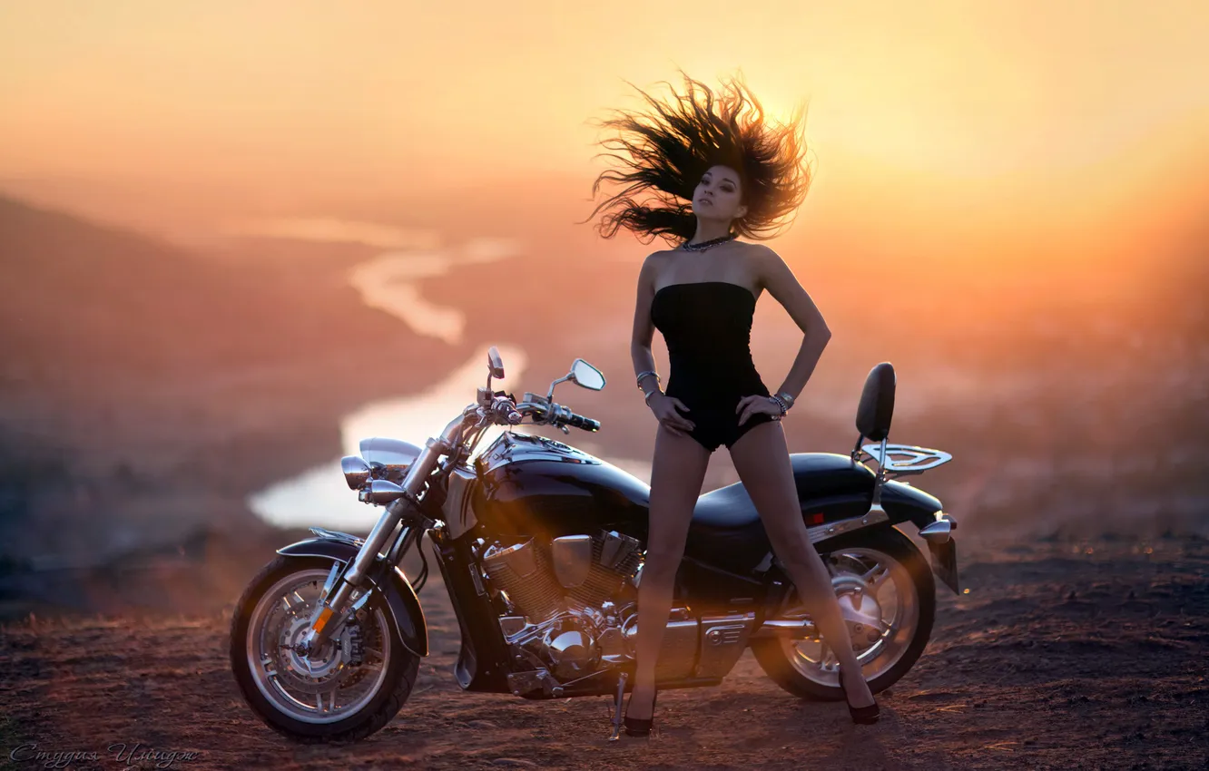 Photo wallpaper the sky, sunset, dawn, hair, motorcycle, brown hair, curls