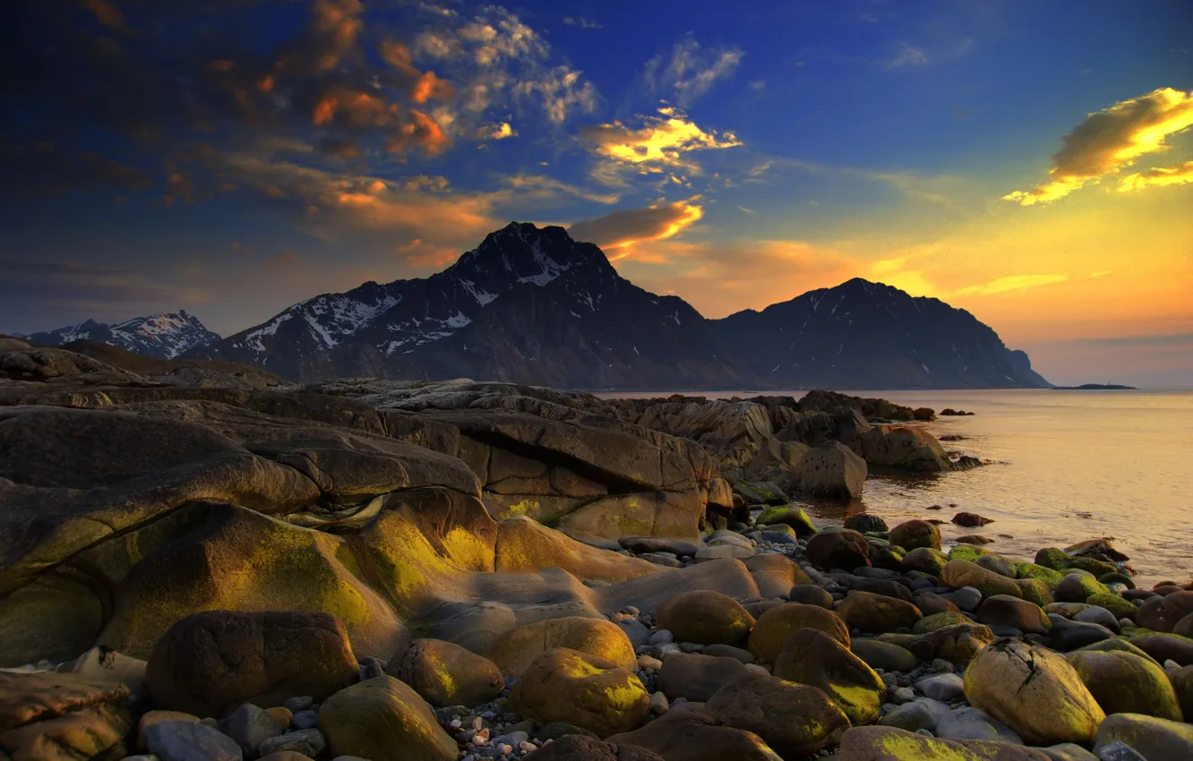 Photo wallpaper sea, the sky, mountains, stones, rocks, spring