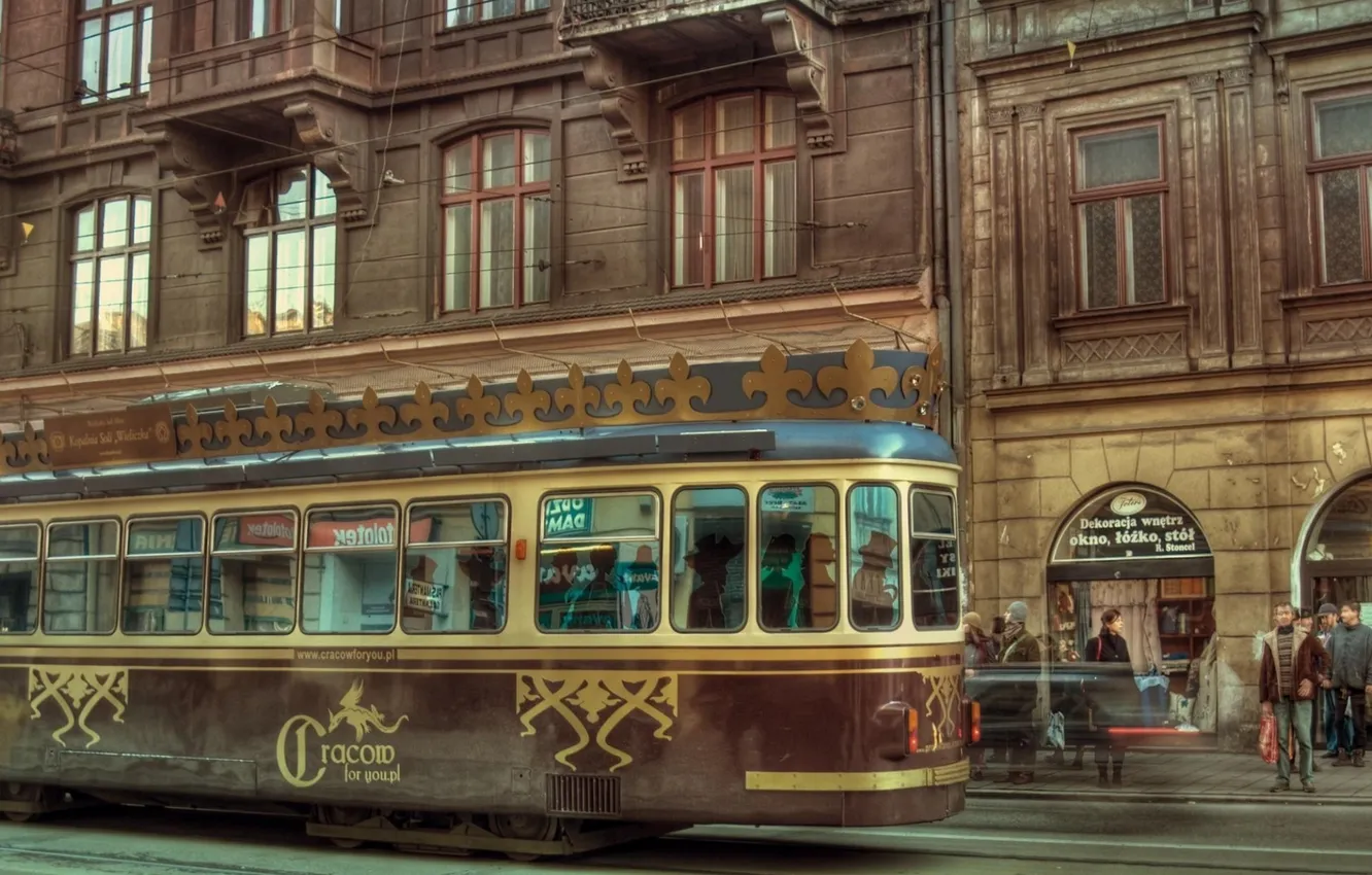 Photo wallpaper movement, street, tram, old houses