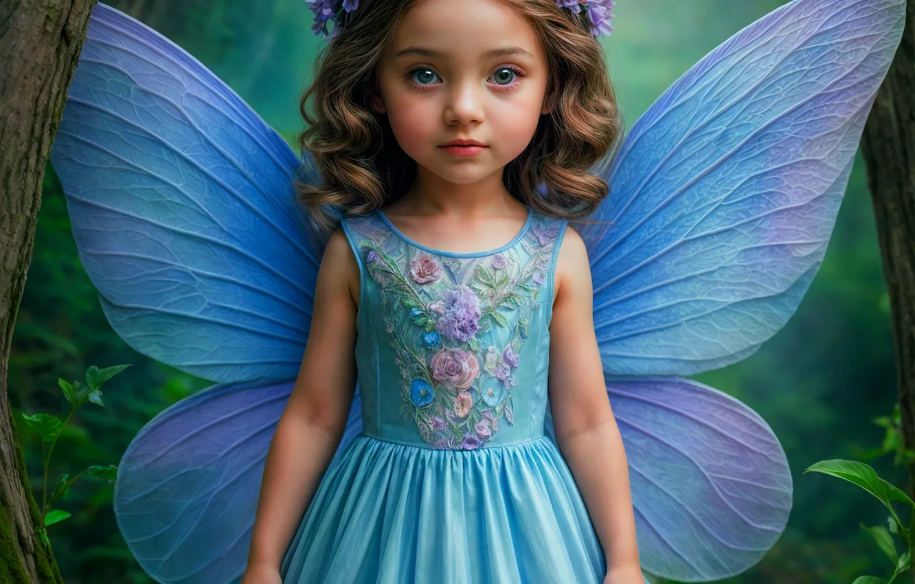 Photo wallpaper wings, girl, wreath, baby, Platica, generated by AI