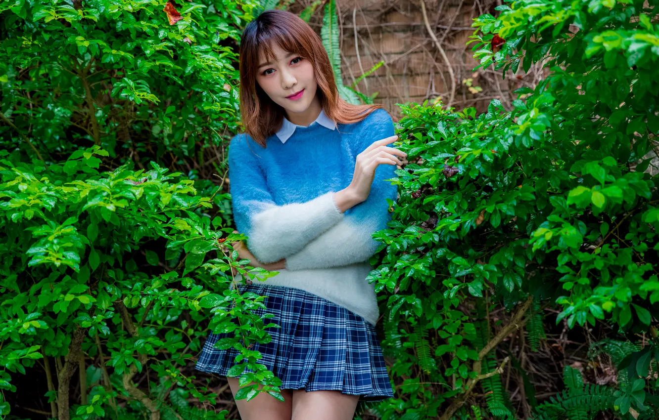 Photo wallpaper girl, pose, skirt, Asian, sweater