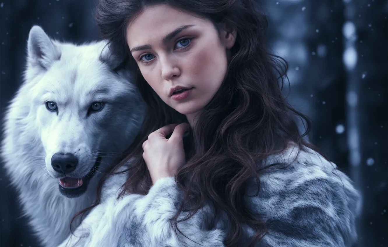 Wallpaper girl, snow, white wolf, neural network for mobile and desktop ...