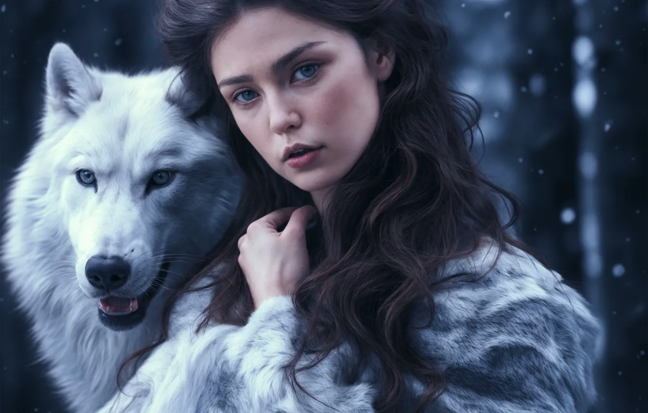 Photo wallpaper girl, snow, white wolf, neural network