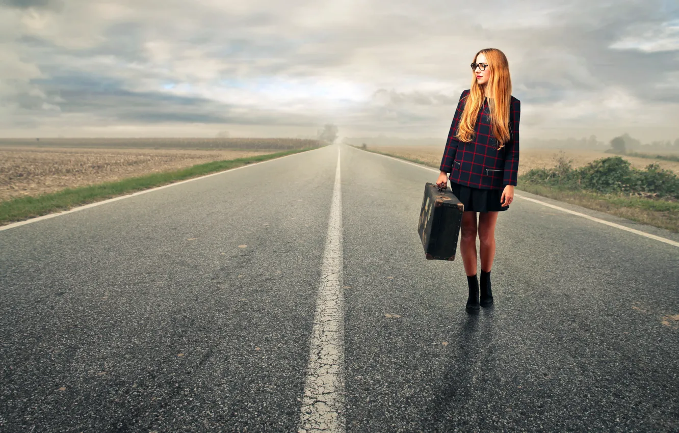 Photo wallpaper girl, landscape, the way, mood, skirt, highway, glasses, hairstyle