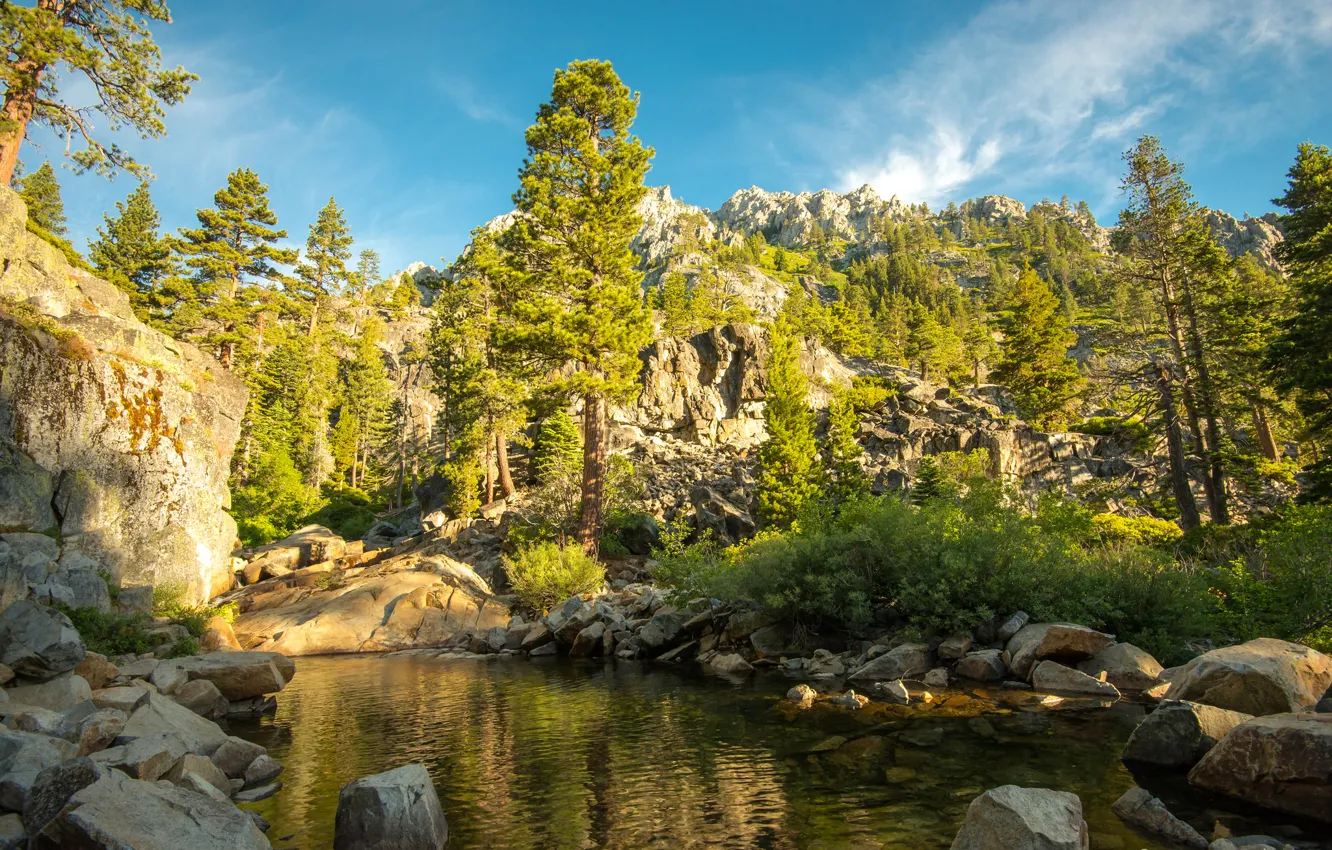 Photo wallpaper trees, mountains, lake, stones, rocks, CA, USA, Eagle Creek
