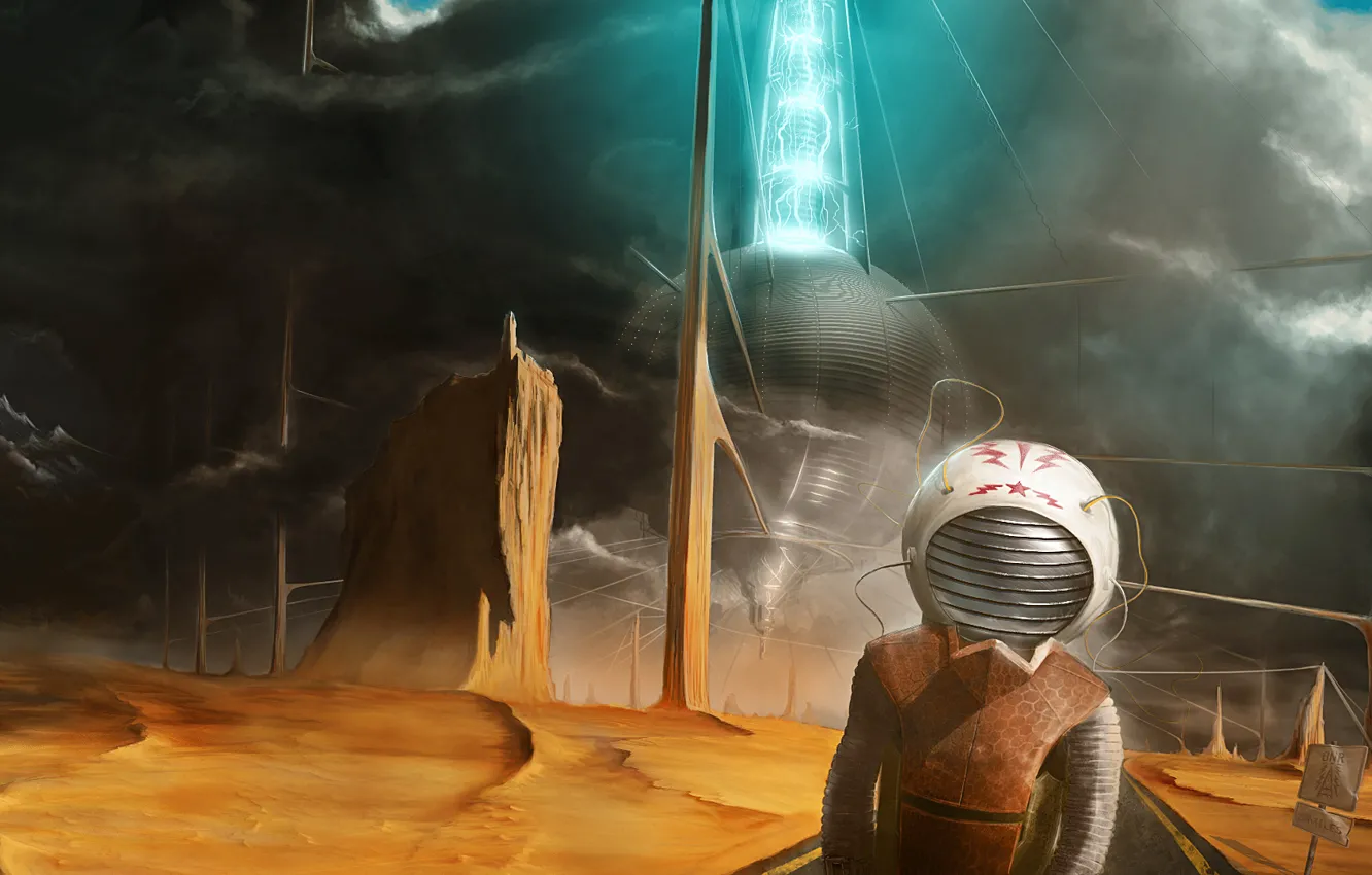 Photo wallpaper road, energy, clouds, fiction, desert, radio, the suit, art