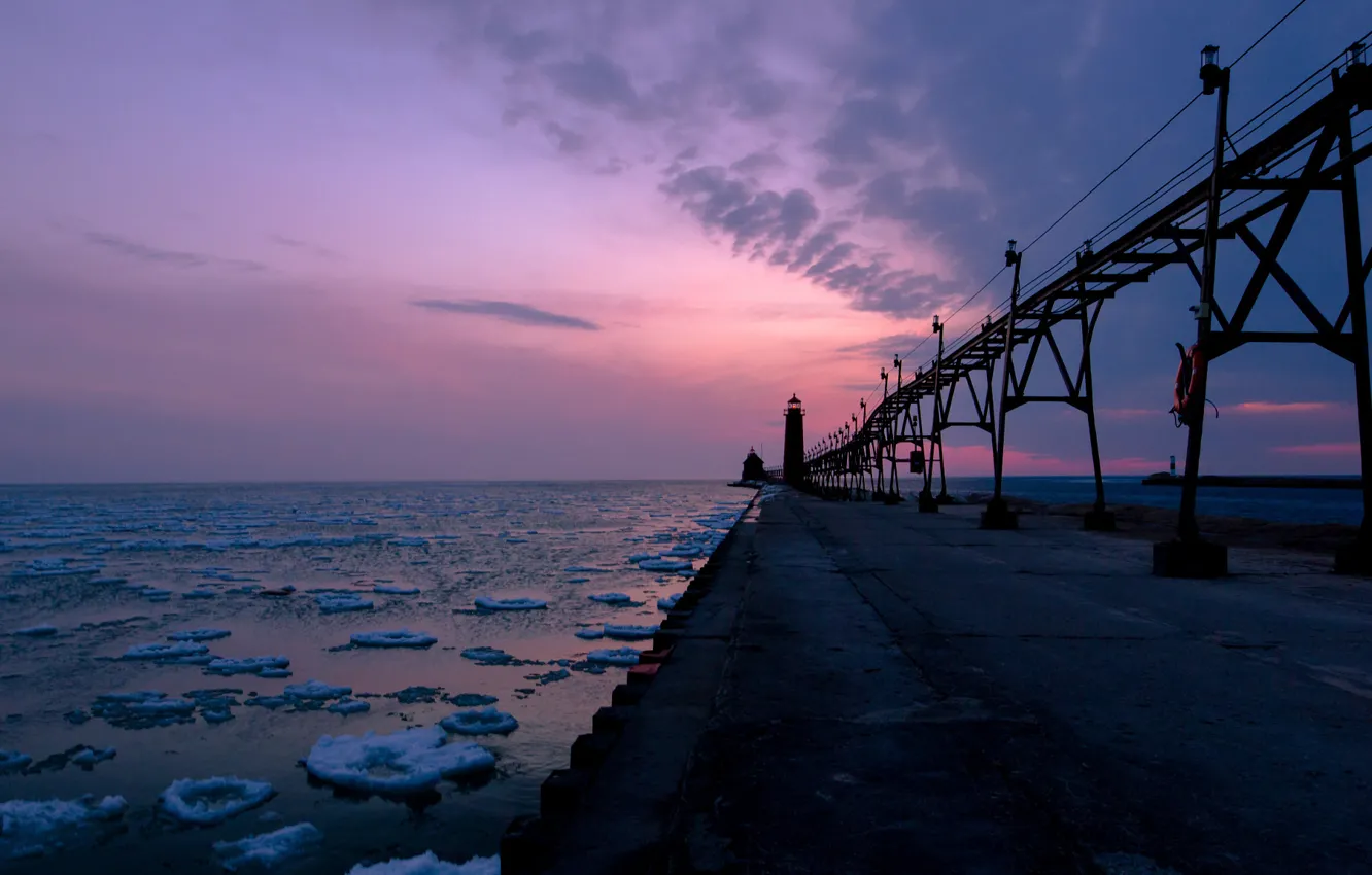Photo wallpaper sea, the sky, clouds, snow, sunset, clouds, shore, the evening