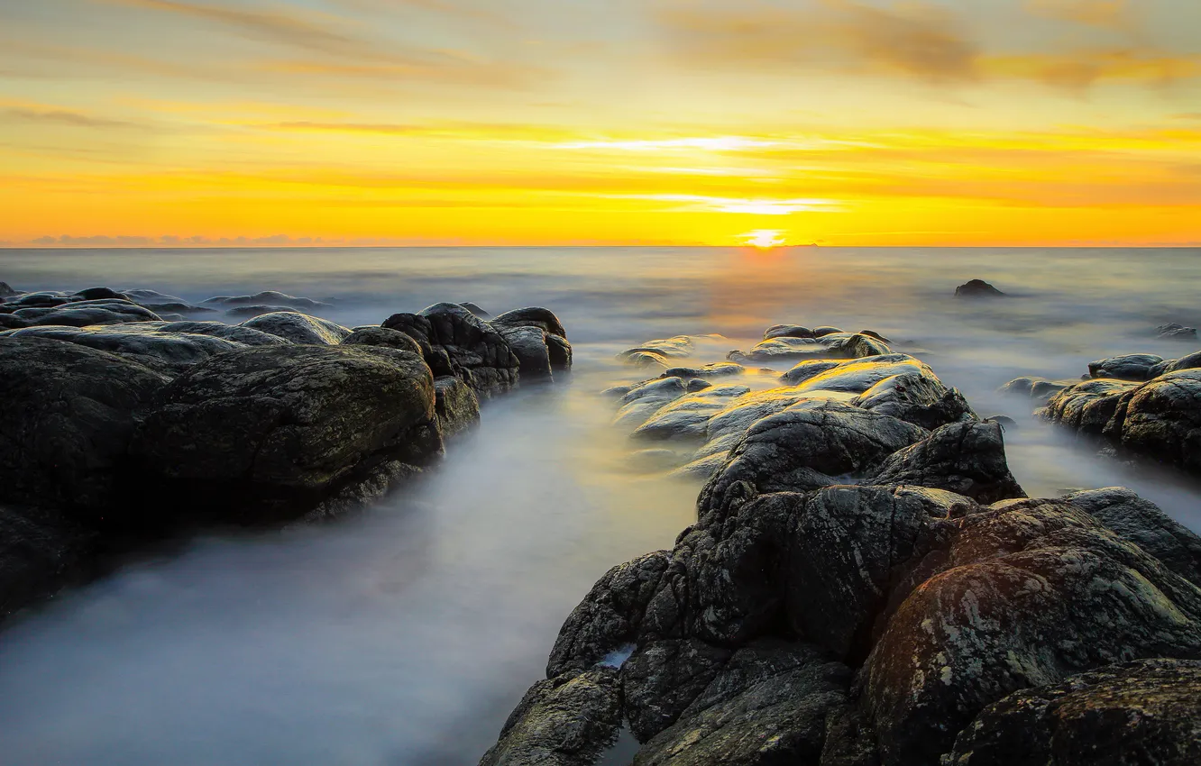 Photo wallpaper sea, the sky, the sun, sunset, stones, rocks, dawn, shore