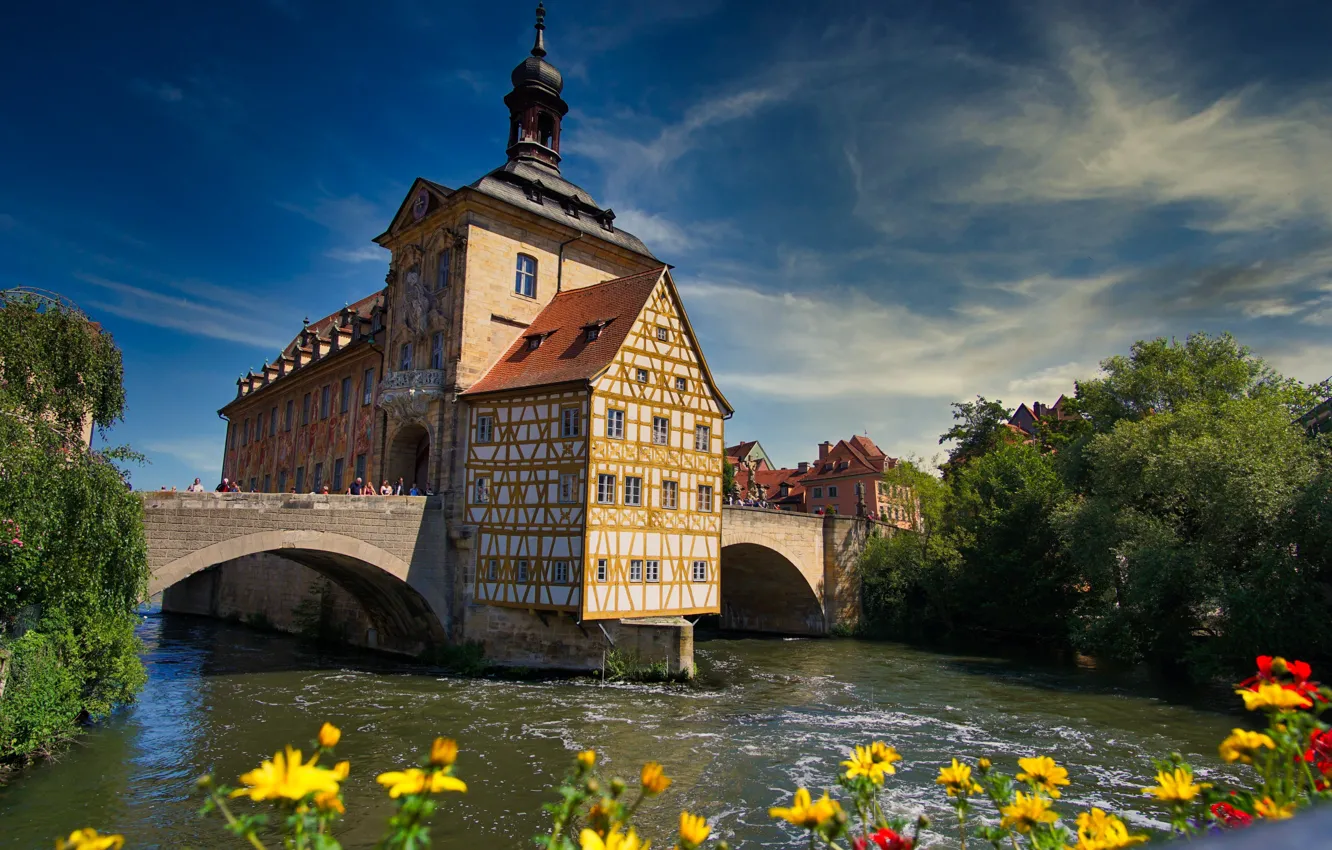 Photo wallpaper landscape, bridge, the city, river, building, Germany, Bayern, Bamberg