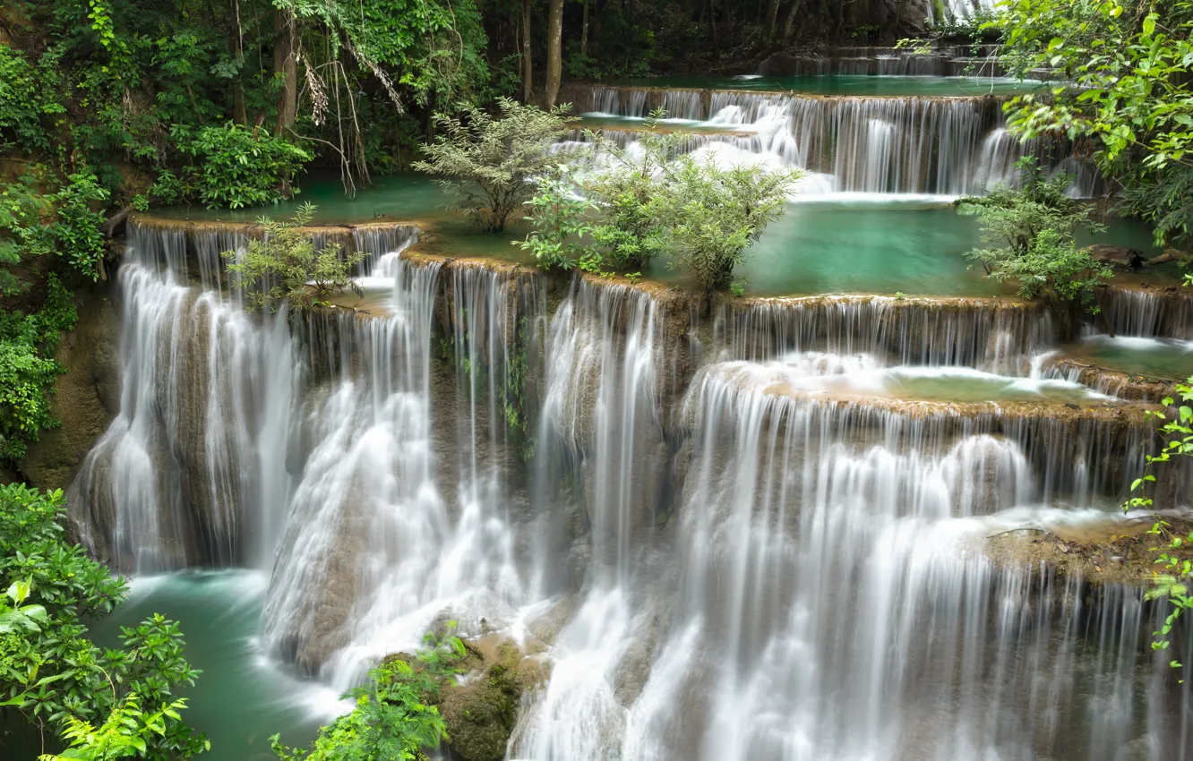 Photo wallpaper landscape, nature, rocks, shore, vegetation, waterfall