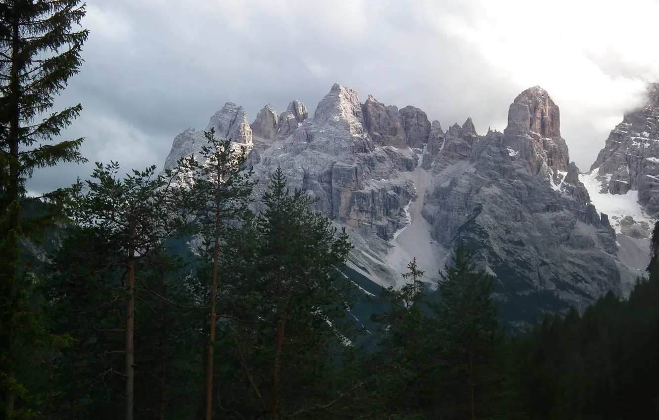 Photo wallpaper the sky, trees, mountains, clouds, nature, rocks, Dolomites, The Dolomites