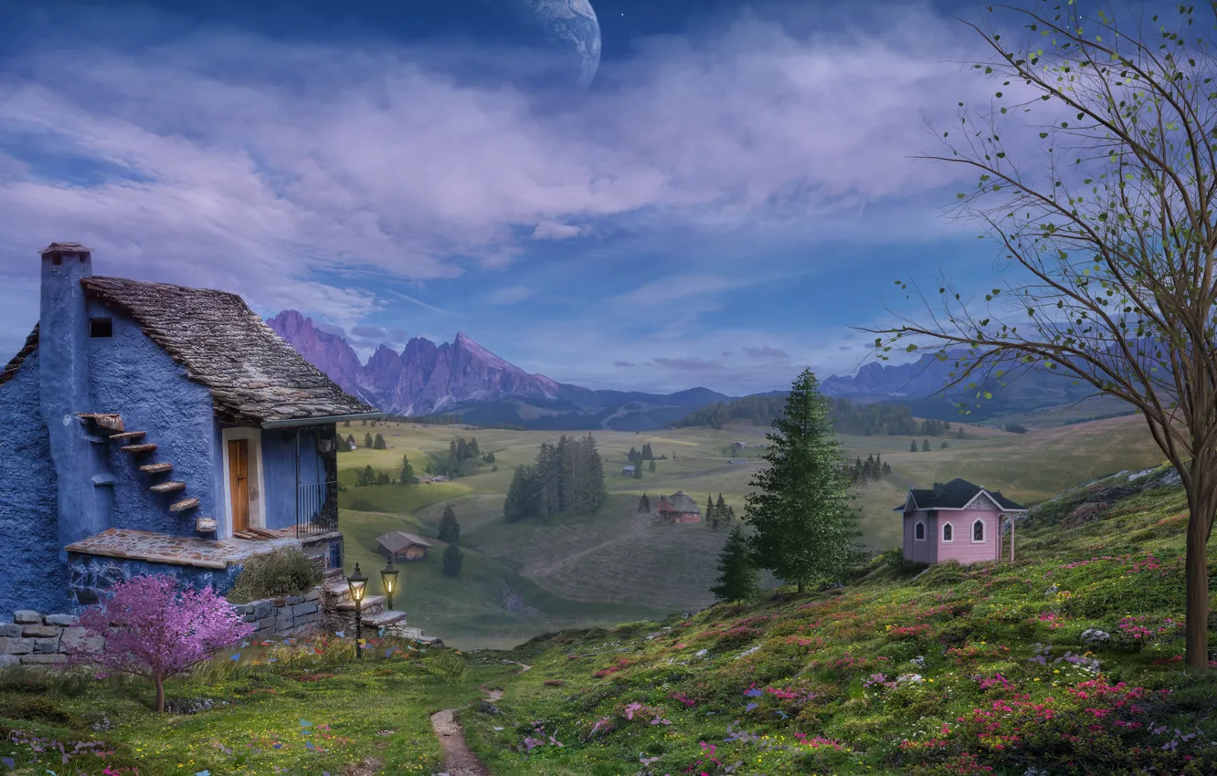 Photo wallpaper field, summer, the sky, grass, clouds, trees, flowers, mountains