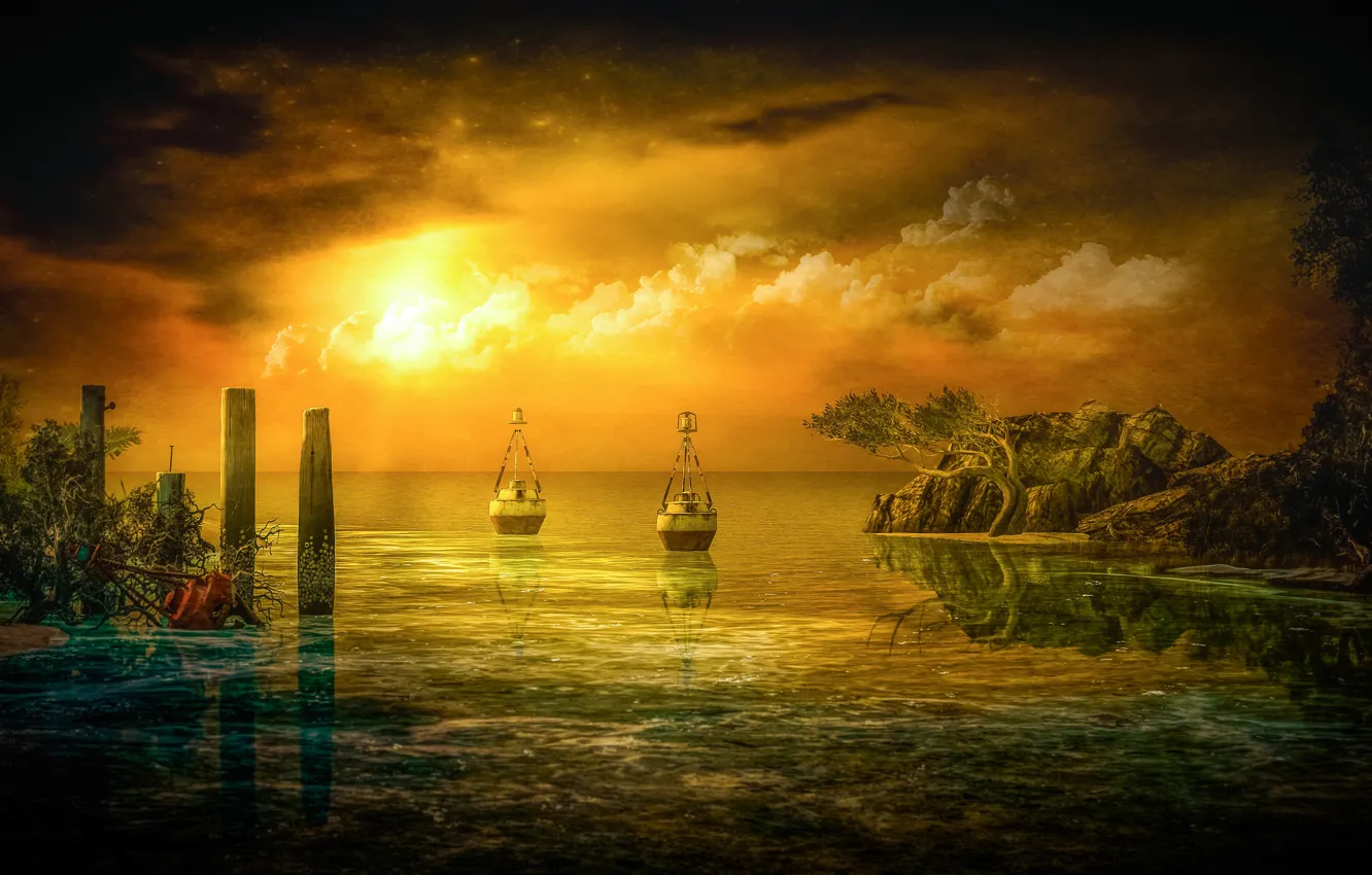 Photo wallpaper the sky, the sun, clouds, trees, landscape, sunset, clouds, nature