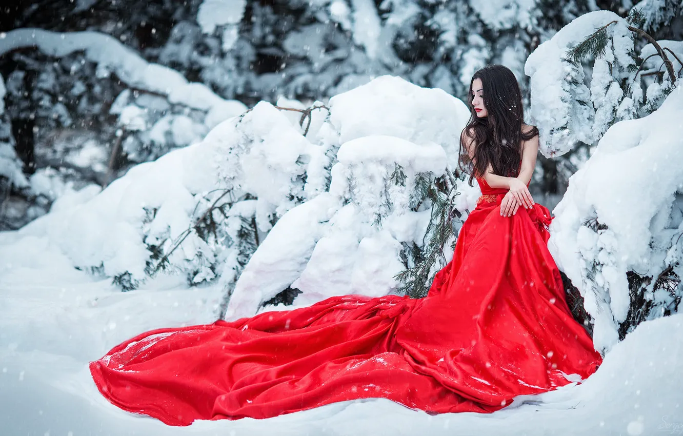 Photo wallpaper winter, girl, snow, pose, photo, model, dress, Sergey Shatskov