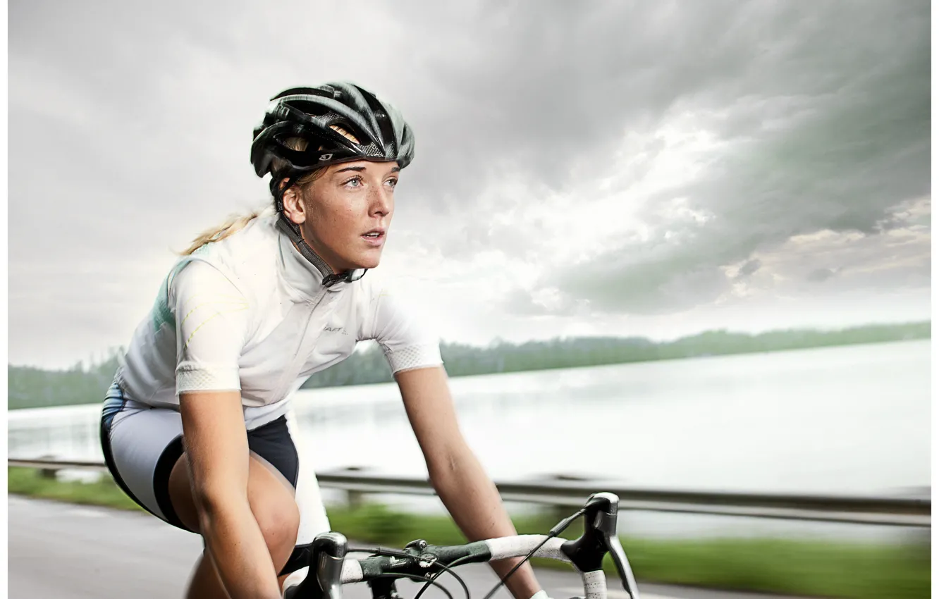 Photo wallpaper girl, sport, road bike, road Builder