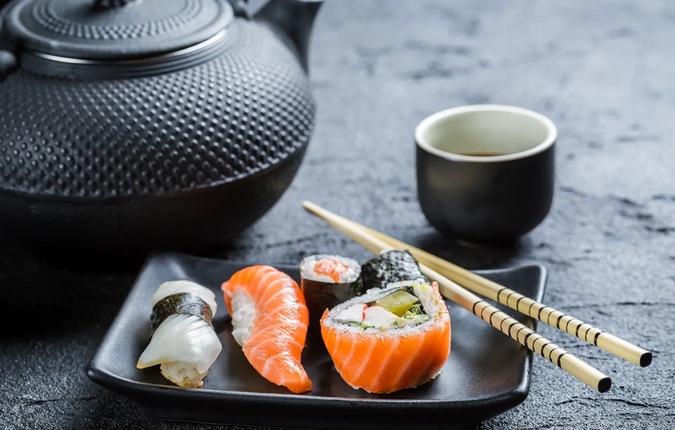 Photo wallpaper sticks, kettle, rolls, sushi, sushi, rolls, Japanese cuisine, soy sauce