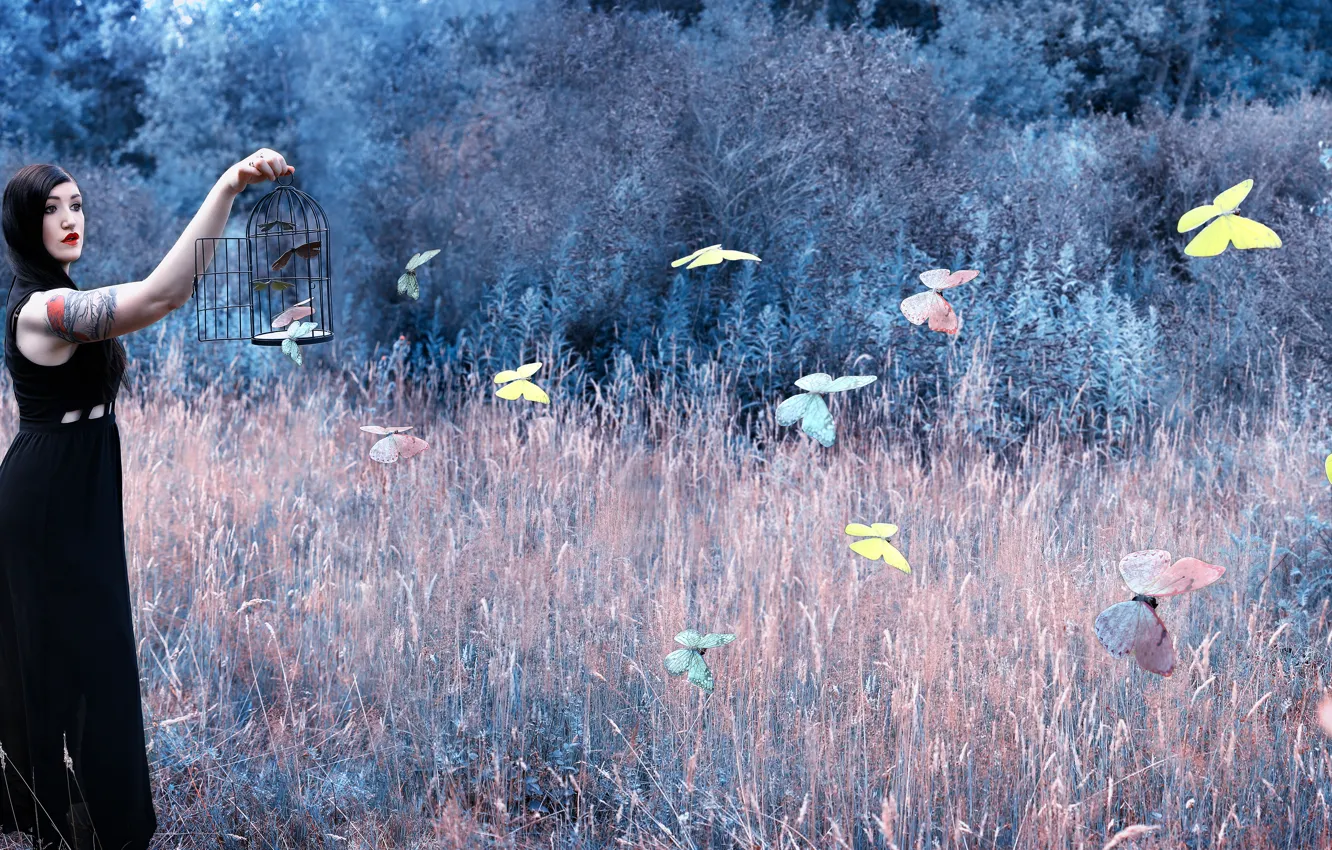 Photo wallpaper girl, butterfly, cell, The butterfly cage