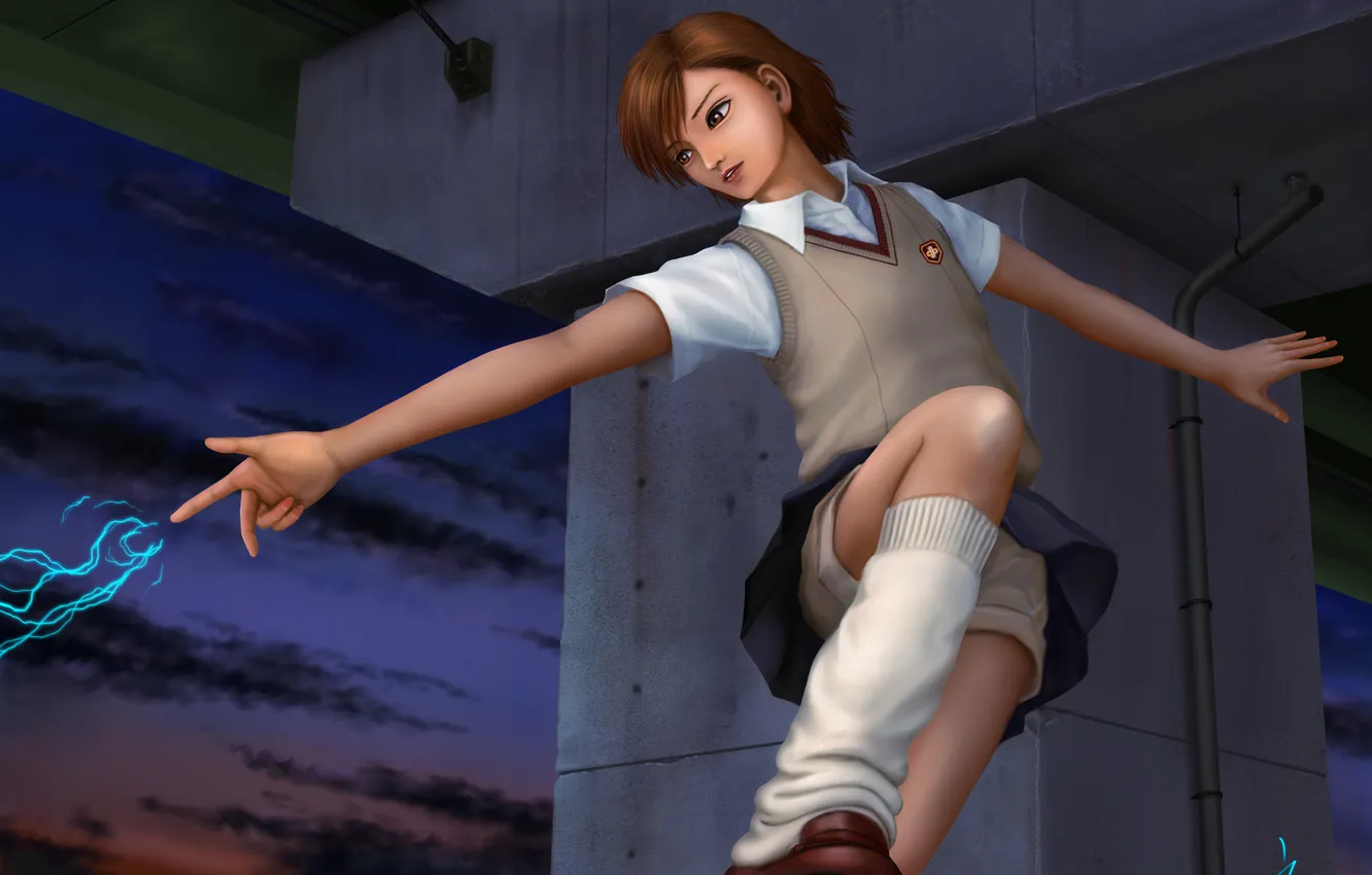 Photo wallpaper girl, movement, lightning, art, misaka mikoto, to aru majutsu no index, Ebi