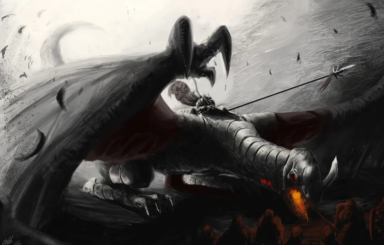 Photo wallpaper dragon, people, monster, army, art, claws, rider, spear