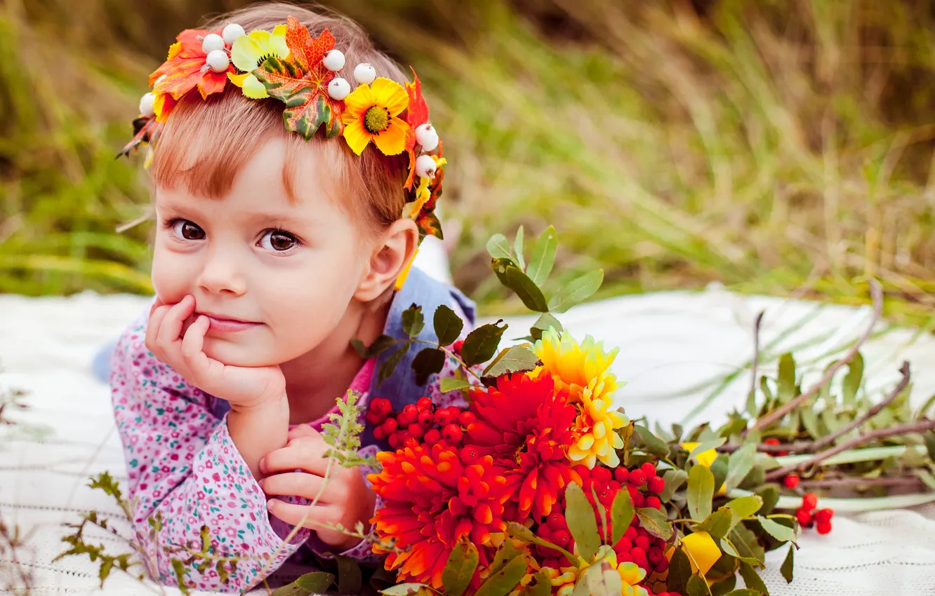 Photo wallpaper field, summer, grass, flowers, nature, children, bouquet, girl