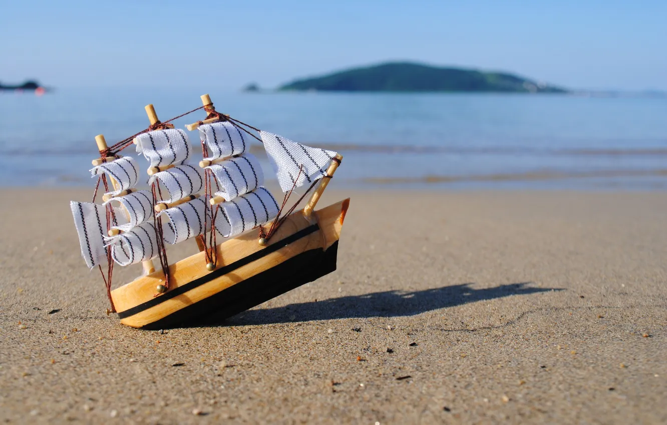 Photo wallpaper shore, toy, ship, sail, boat
