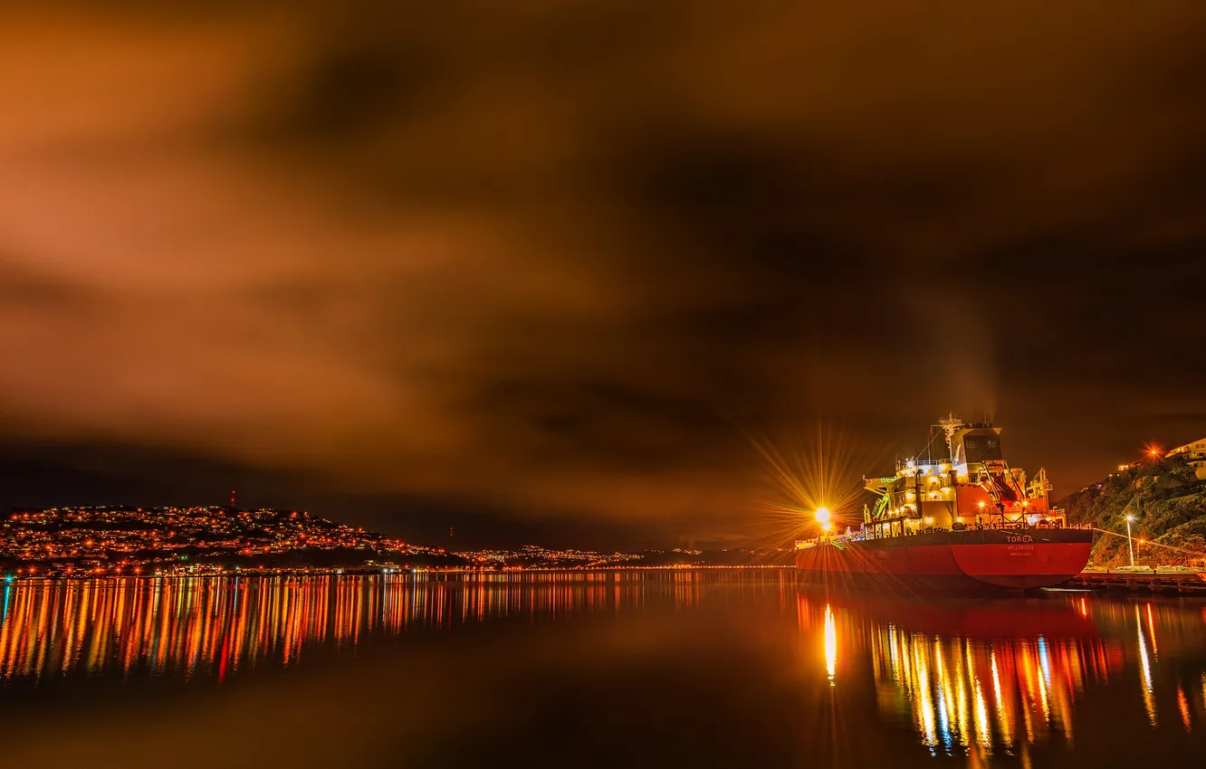 Photo wallpaper sea, night, the city, lights, hills, ship, New Zealand