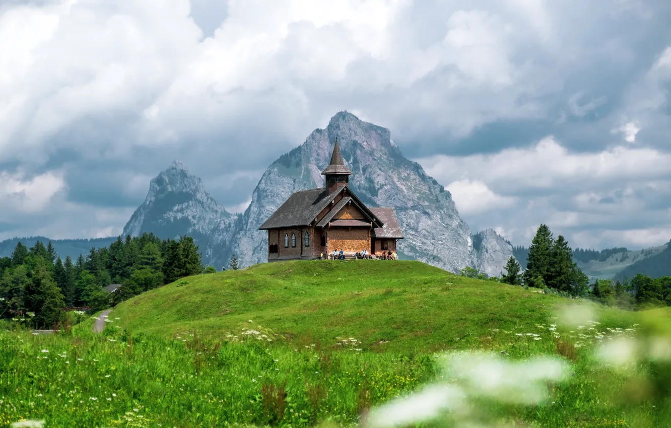 Photo wallpaper clouds, Alps, Church, House, Switzerland, Alps, Switzerland, Grassland