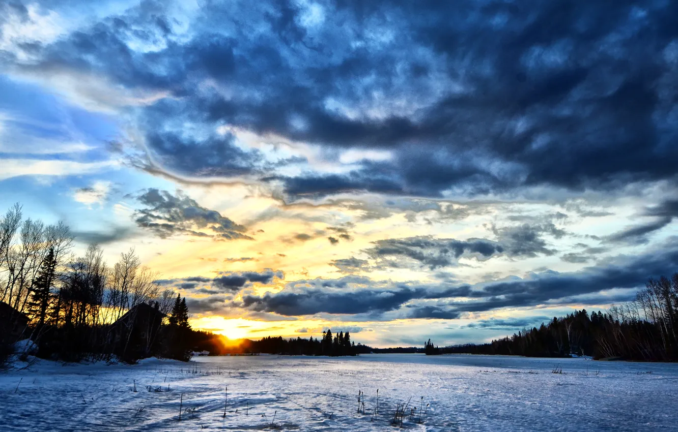 Photo wallpaper Canada, river, sunset, winter, lake, snow, frozen