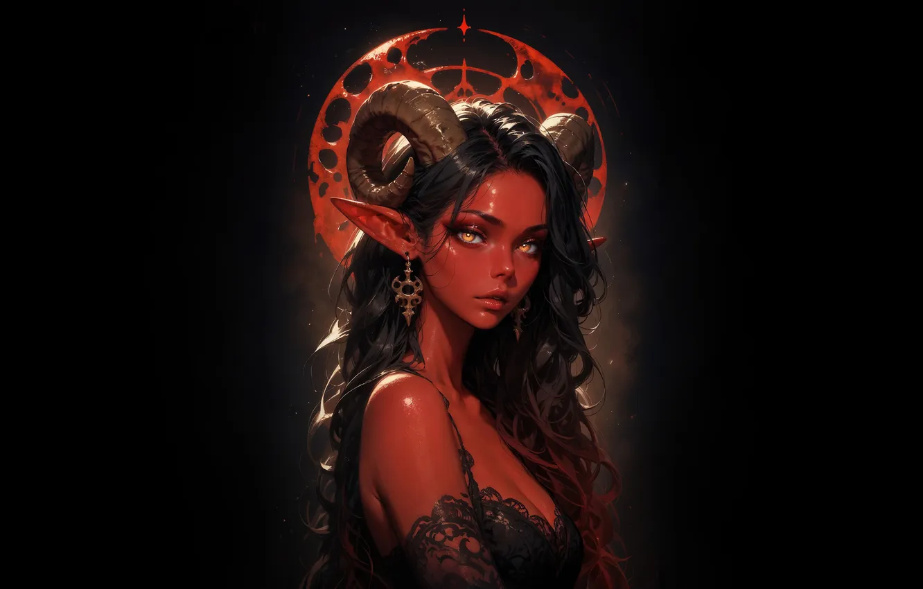 Photo wallpaper girl, the demon, black background, red leather