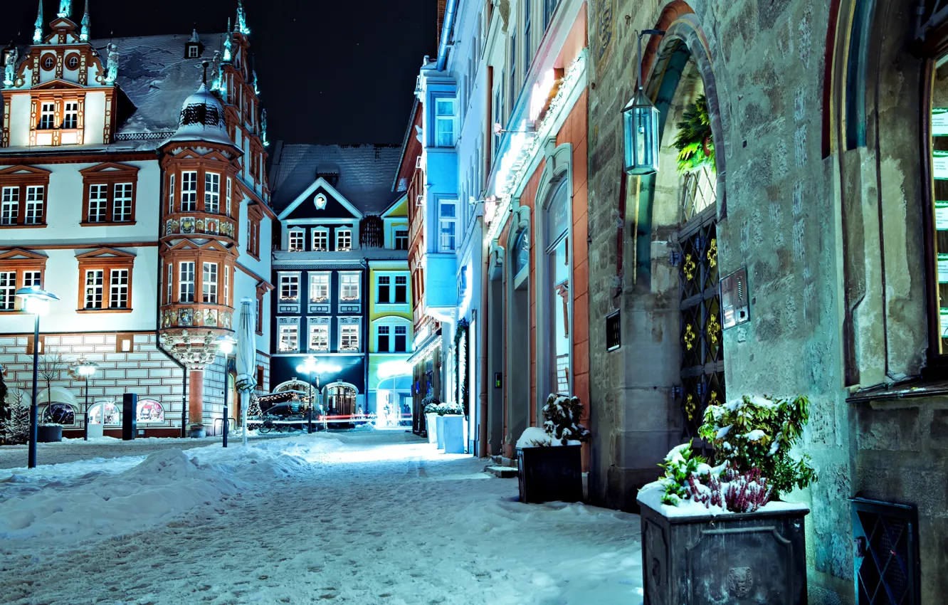 Photo wallpaper winter, road, snow, night, lights, street, building, home