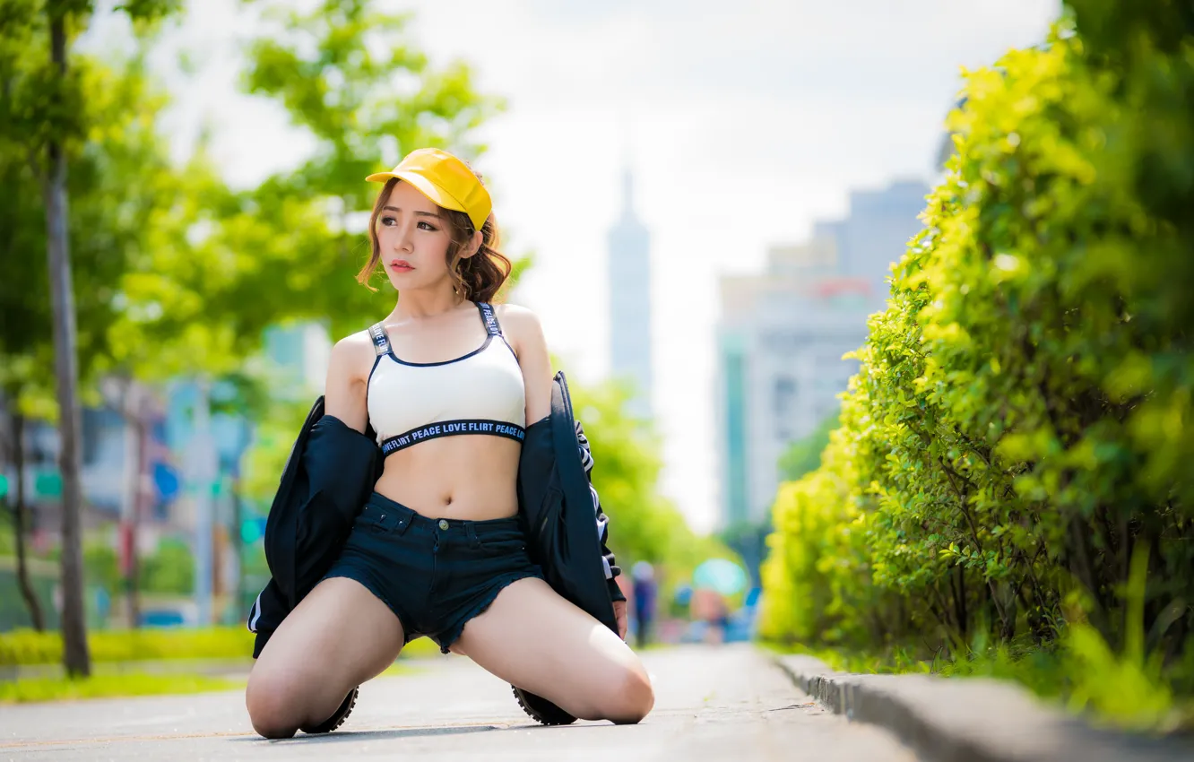 Photo wallpaper girl, sexy, pose, shorts, cap, Asian, bokeh