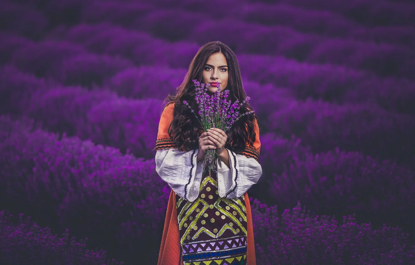 Photo wallpaper eyes, look, girl, flowers, face, bouquet, brunette, costume