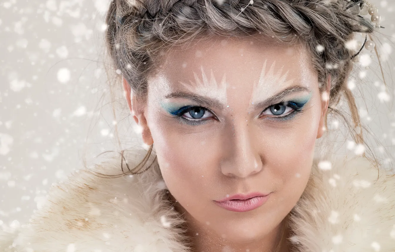 Photo wallpaper girl, snowflakes, face, makeup, hairstyle, fur, beauty, closeup