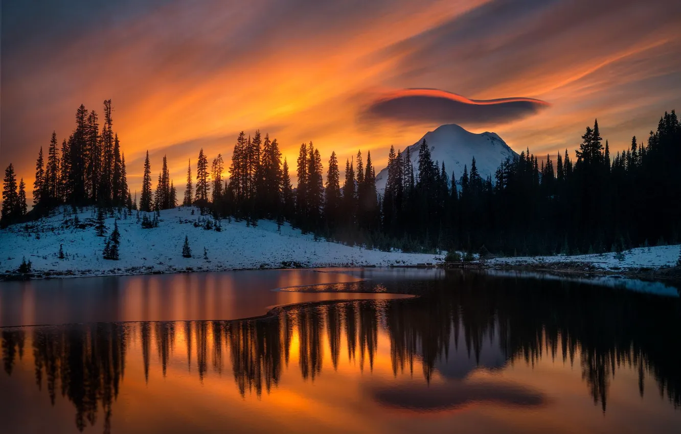 Photo wallpaper winter, forest, mountains, lake, Washington, Tipsoo Lake