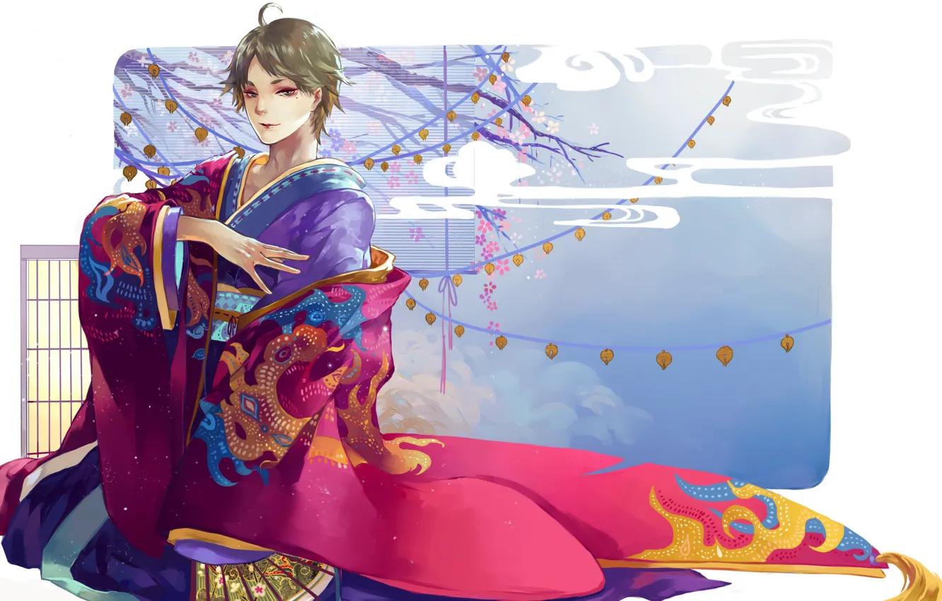 Photo wallpaper pattern, Sakura, fan, white background, guy, lanterns, Japanese clothing, Cape