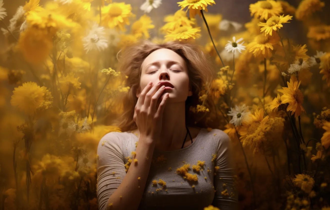 Photo wallpaper hands, yellow, neural network, flowers, AI art, Rus, face, gesture