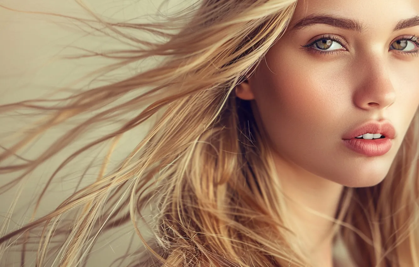Photo wallpaper look, girl, face, portrait, makeup, blonde, long hair, flowing hair
