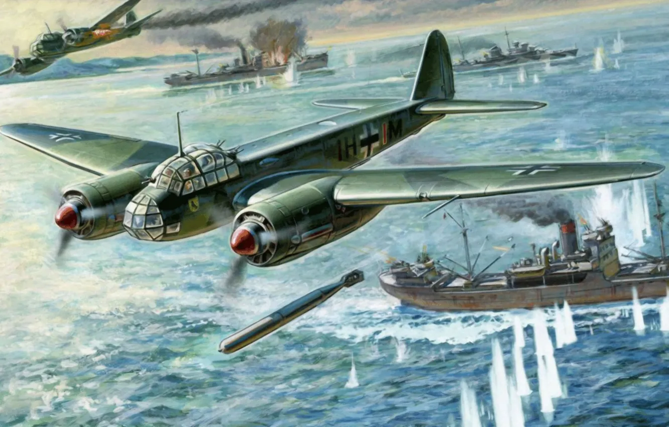 Photo wallpaper art, painting, aviation, German IIWW Naval-Bomber, Junkers Ju 88A-17/A-5