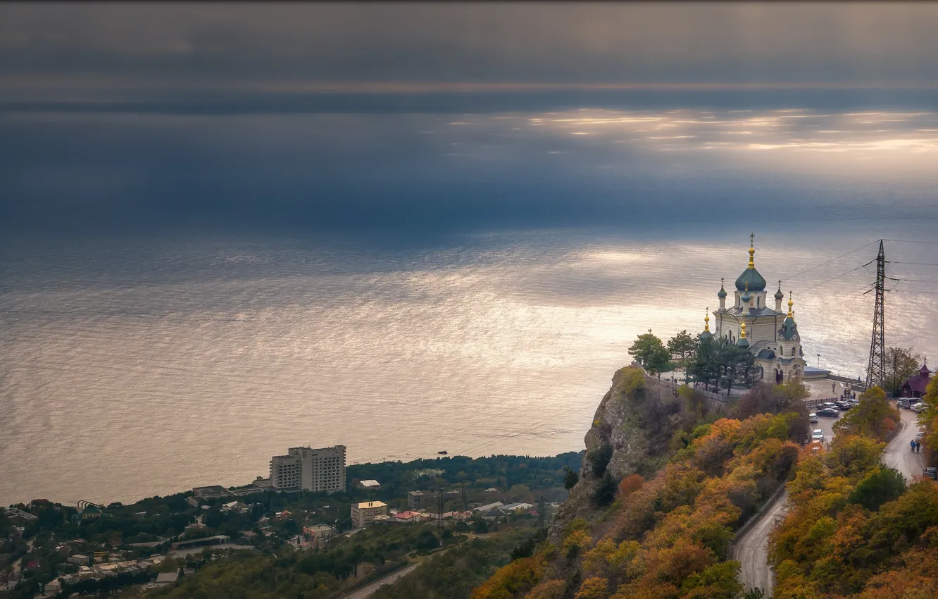 Photo wallpaper sea, landscape, nature, the city, rock, coast, temple, Crimea
