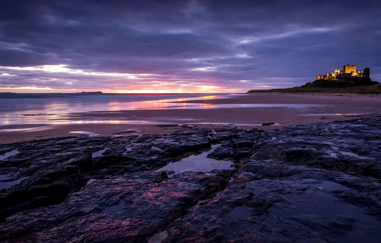 Photo wallpaper sand, beach, light, sunset, night, clouds, lights, stones