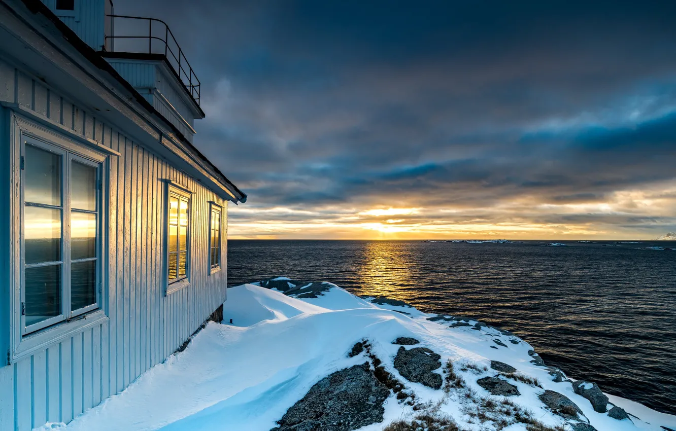 Photo wallpaper sea, the sky, the sun, clouds, snow, sunset, clouds, house