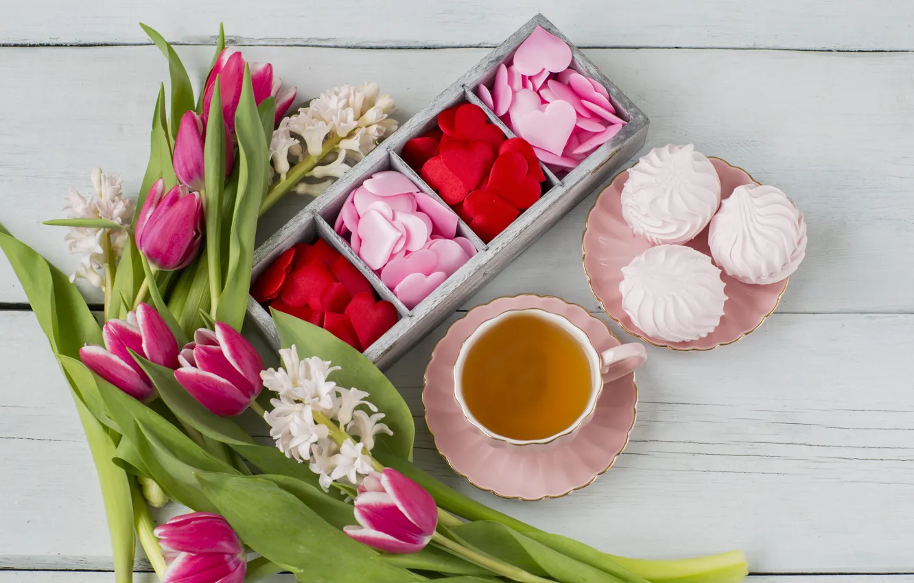 Photo wallpaper hearts, tulips, pink, romantic, hearts, tulips, marshmallows, Cup of tea