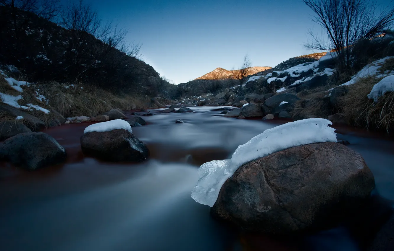 Photo wallpaper water, snow, nature, stones, the bushes