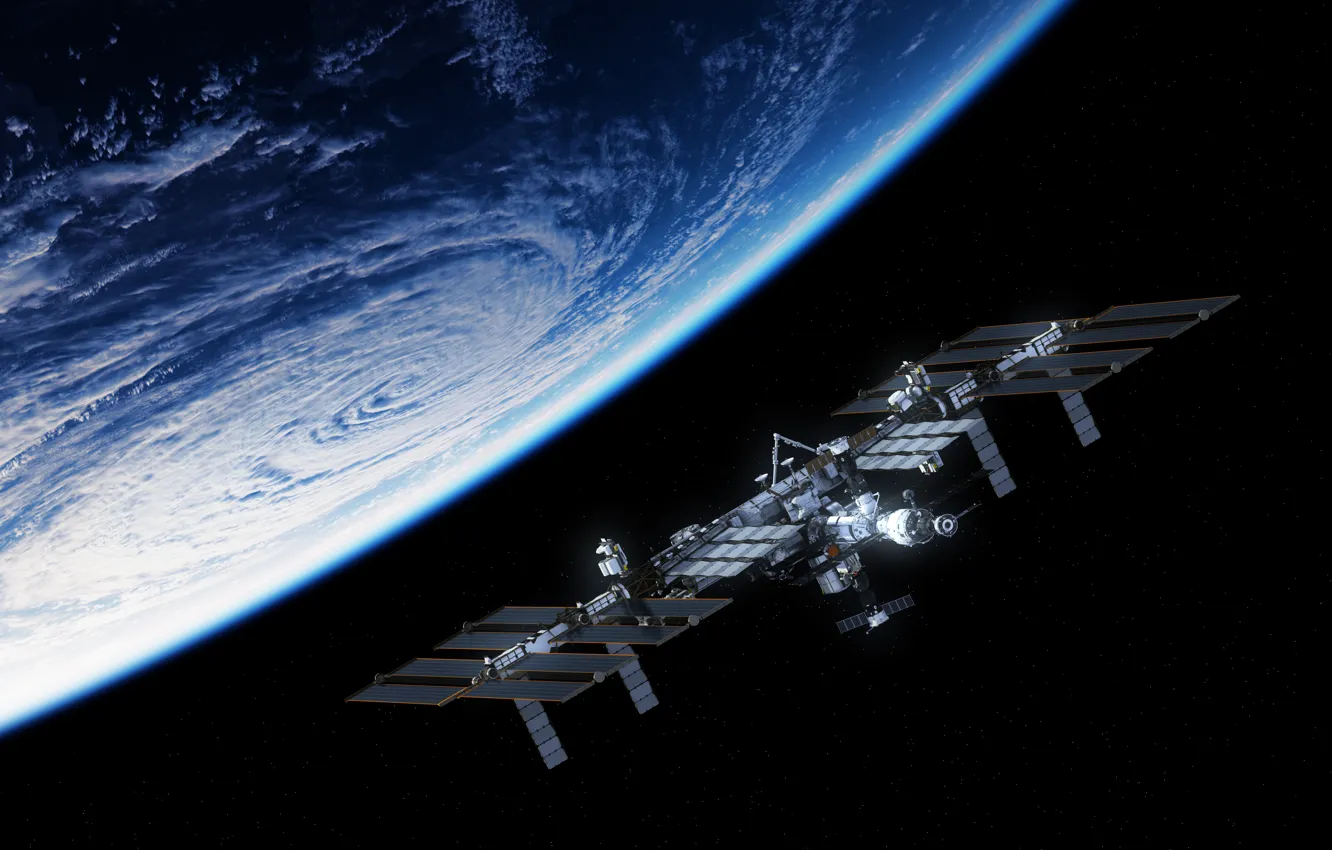 Photo wallpaper planet, satellite, space station