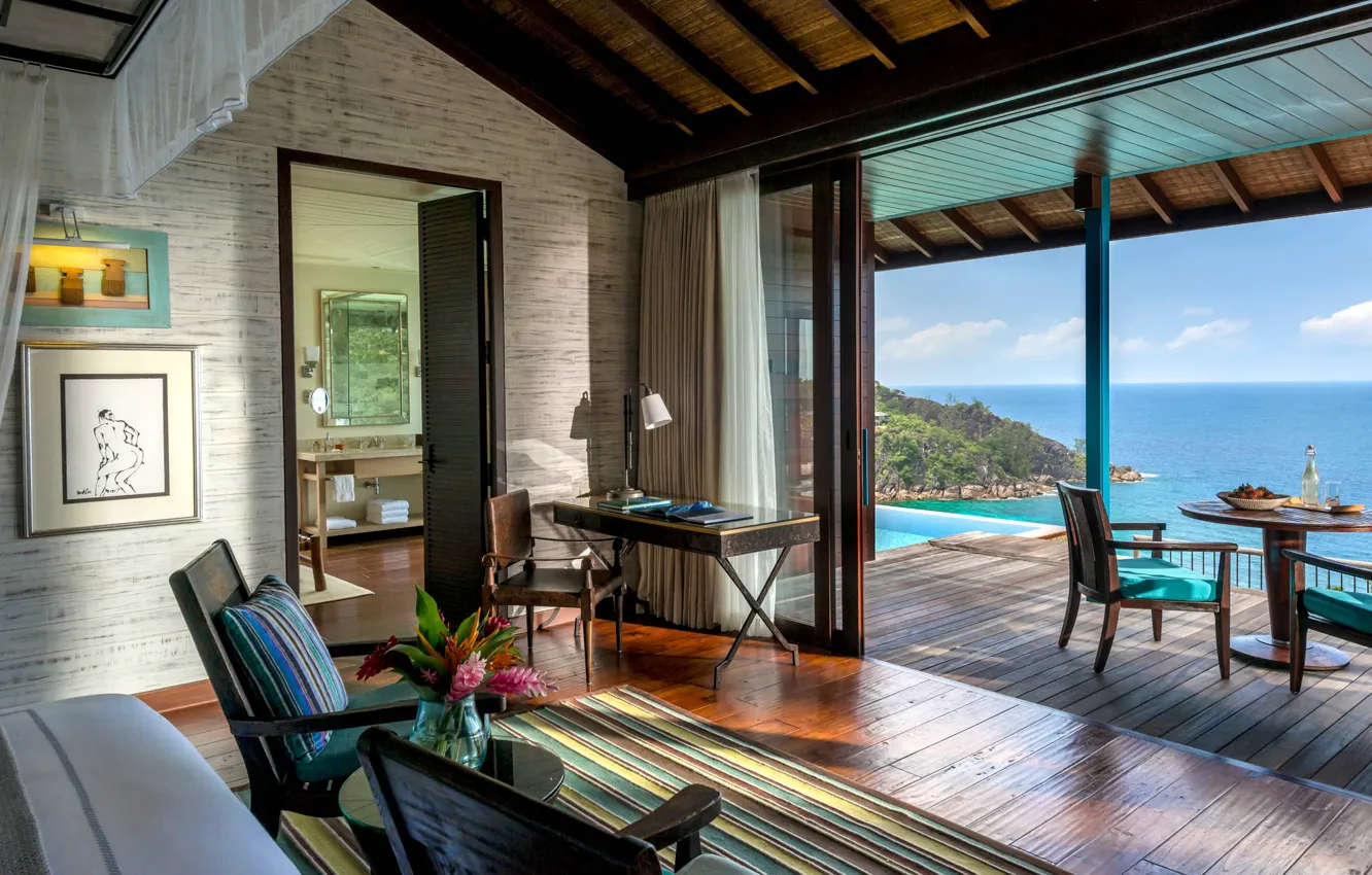 Photo wallpaper room, interior, the hotel, resort, terrace, Seychelles, ocean views